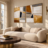 Ochre Mosaic Abstract 2-Piece Set shown above a sofa.