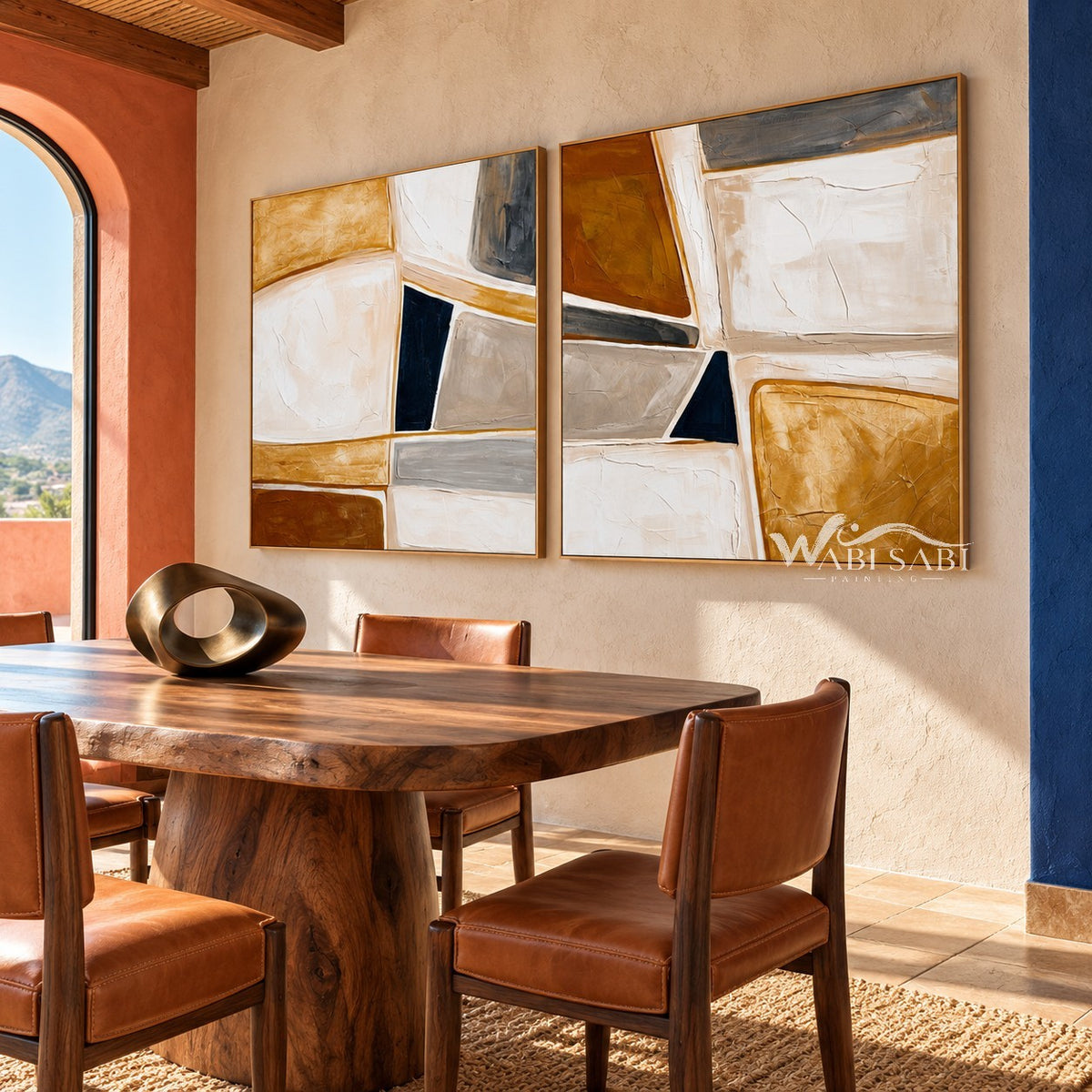 Ochre Mosaic Abstract 2-Piece Set shown in a dining area.