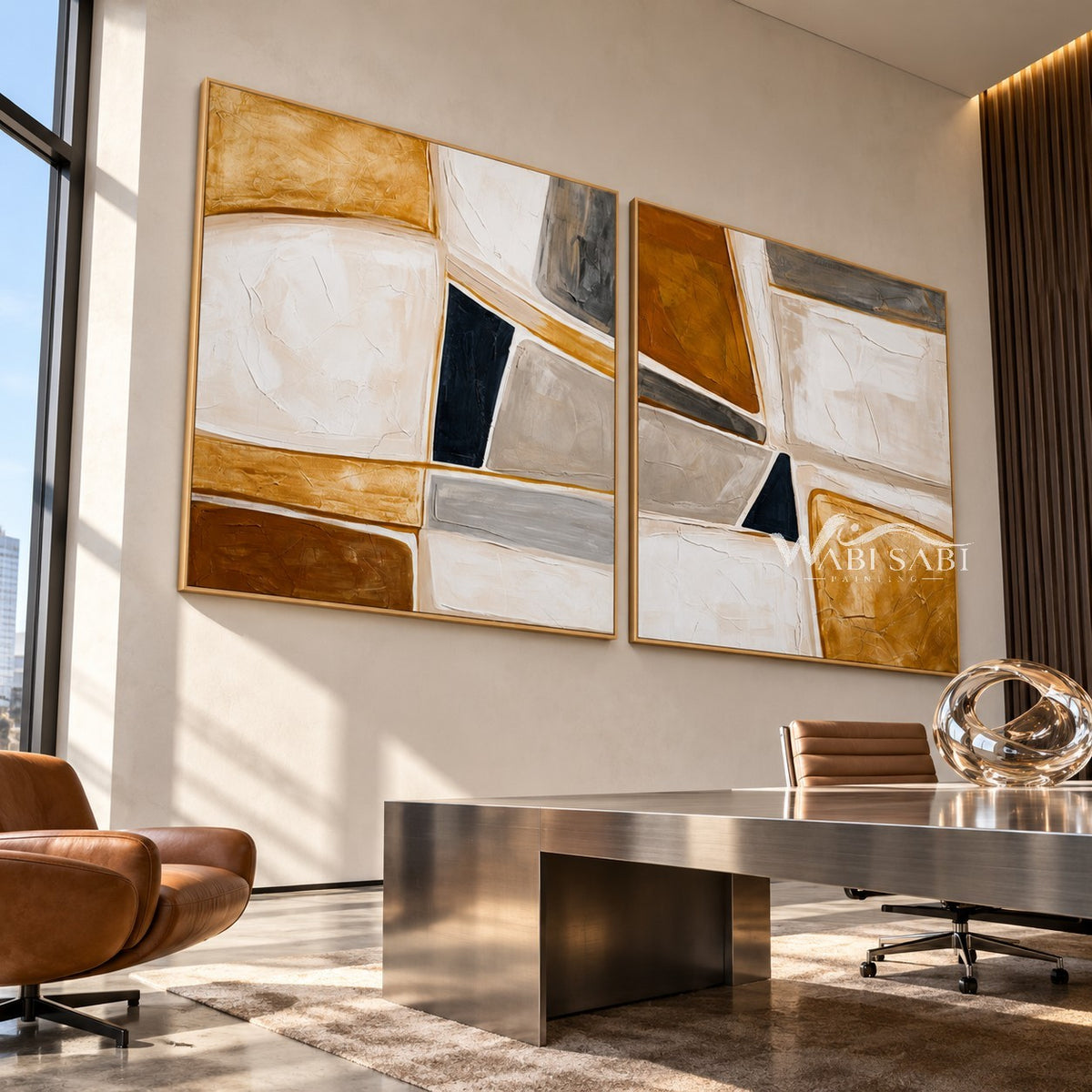 Ochre Mosaic Abstract 2-Piece Set shown in a workspace.