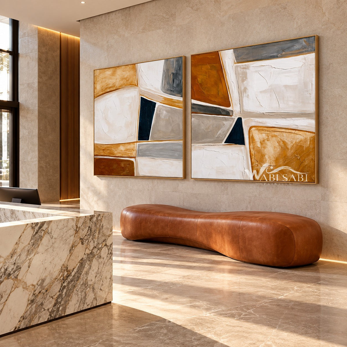 Ochre Mosaic Abstract 2-Piece Set shown above a bench.