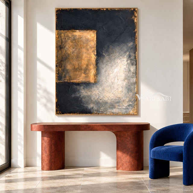 Ochre Rectangle on Charcoal Abstract Painting shown above a console.