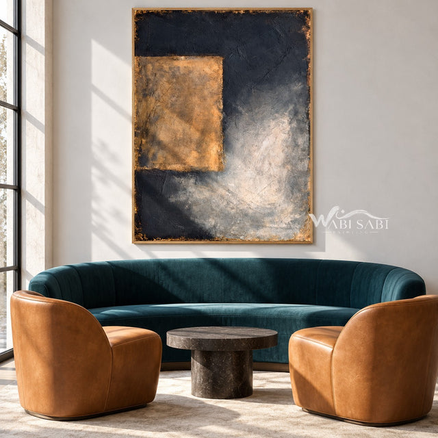 Ochre Rectangle on Charcoal Abstract Painting shown in a living room with a sofa.