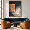 Ochre Rectangle on Charcoal Abstract Painting shown in a living room with a sofa.