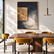 Ochre Rectangle on Charcoal Abstract Painting shown in a dining area.