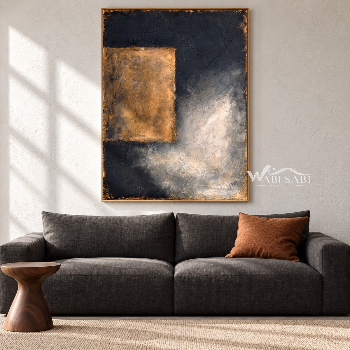 Ochre Rectangle on Charcoal Abstract Painting shown in a living room with a sofa.