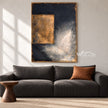 Ochre Rectangle on Charcoal Abstract Painting shown in a living room with a sofa.