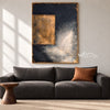 Ochre Rectangle on Charcoal Abstract Painting shown in a living room with a sofa.