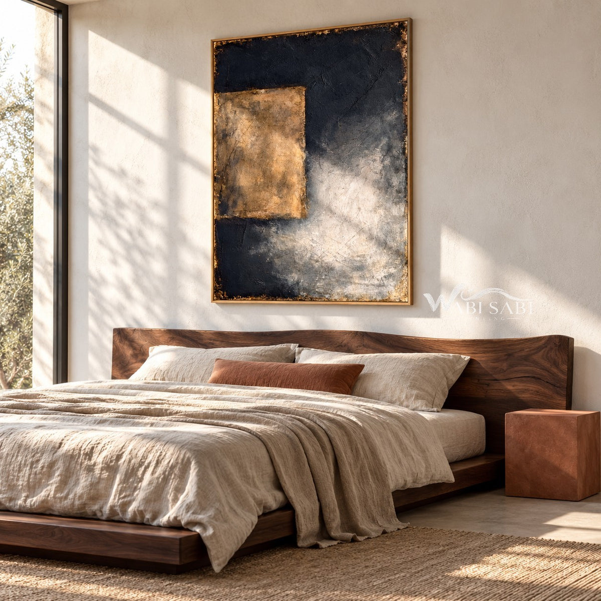 Ochre Rectangle on Charcoal Abstract Painting shown in a bedroom.