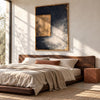 Ochre Rectangle on Charcoal Abstract Painting shown in a bedroom.