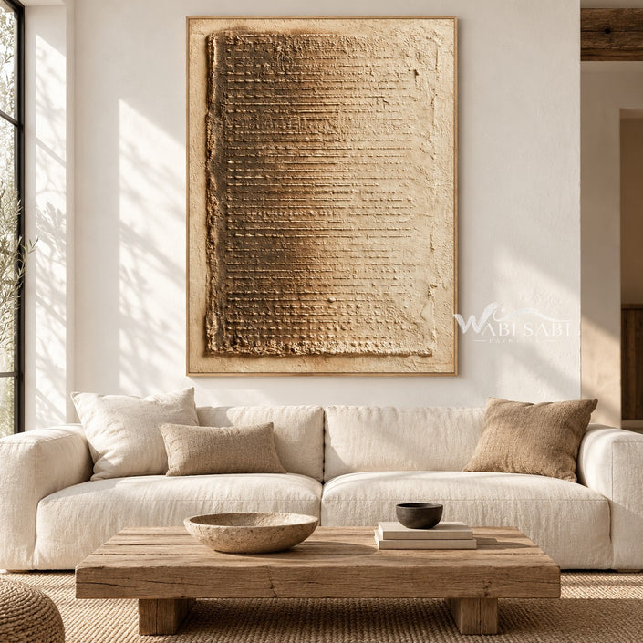 Ochre Weave Textured Abstract shown above a sofa.