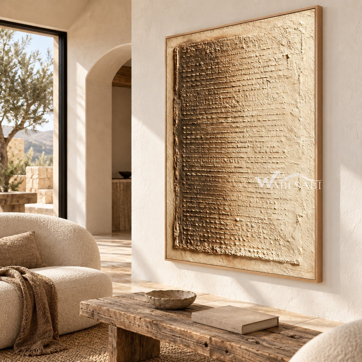 Ochre Weave Textured Abstract shown in a seating area.