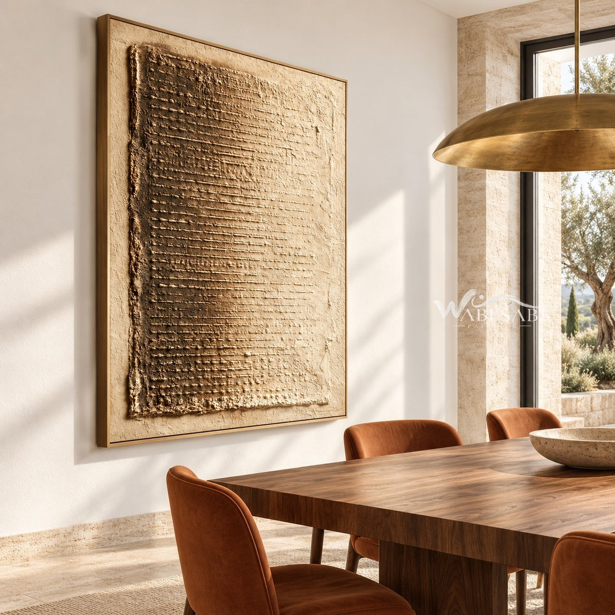 Ochre Weave Textured Abstract shown in a dining area.