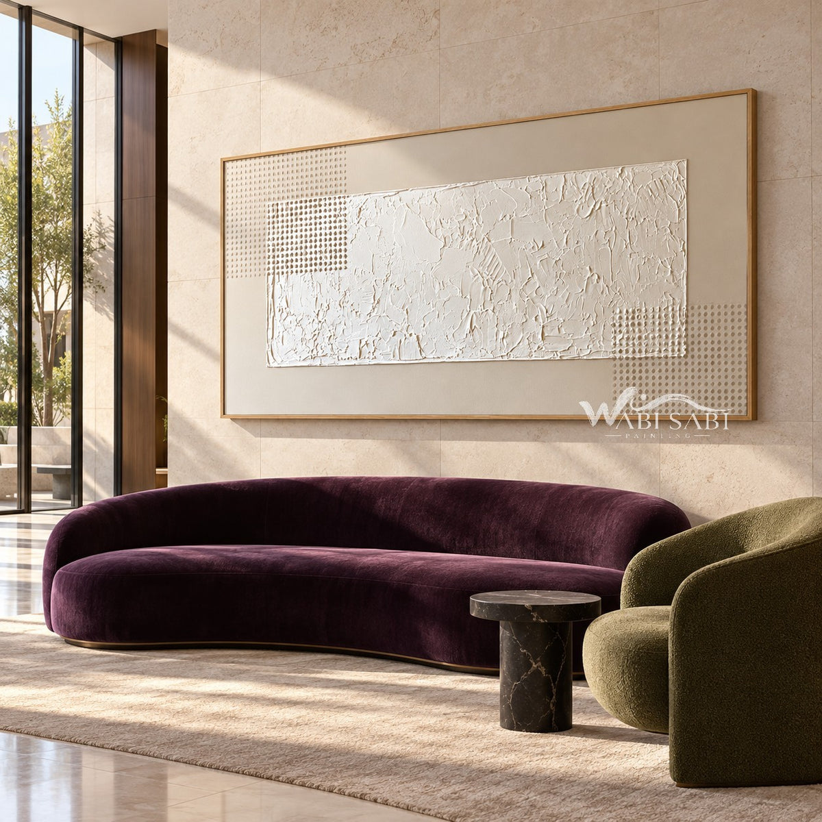 Offset White Texture and Corner Grids Wall Art shown above a curved burgundy sofa.
