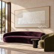 Offset White Texture and Corner Grids Wall Art shown above a curved burgundy sofa.