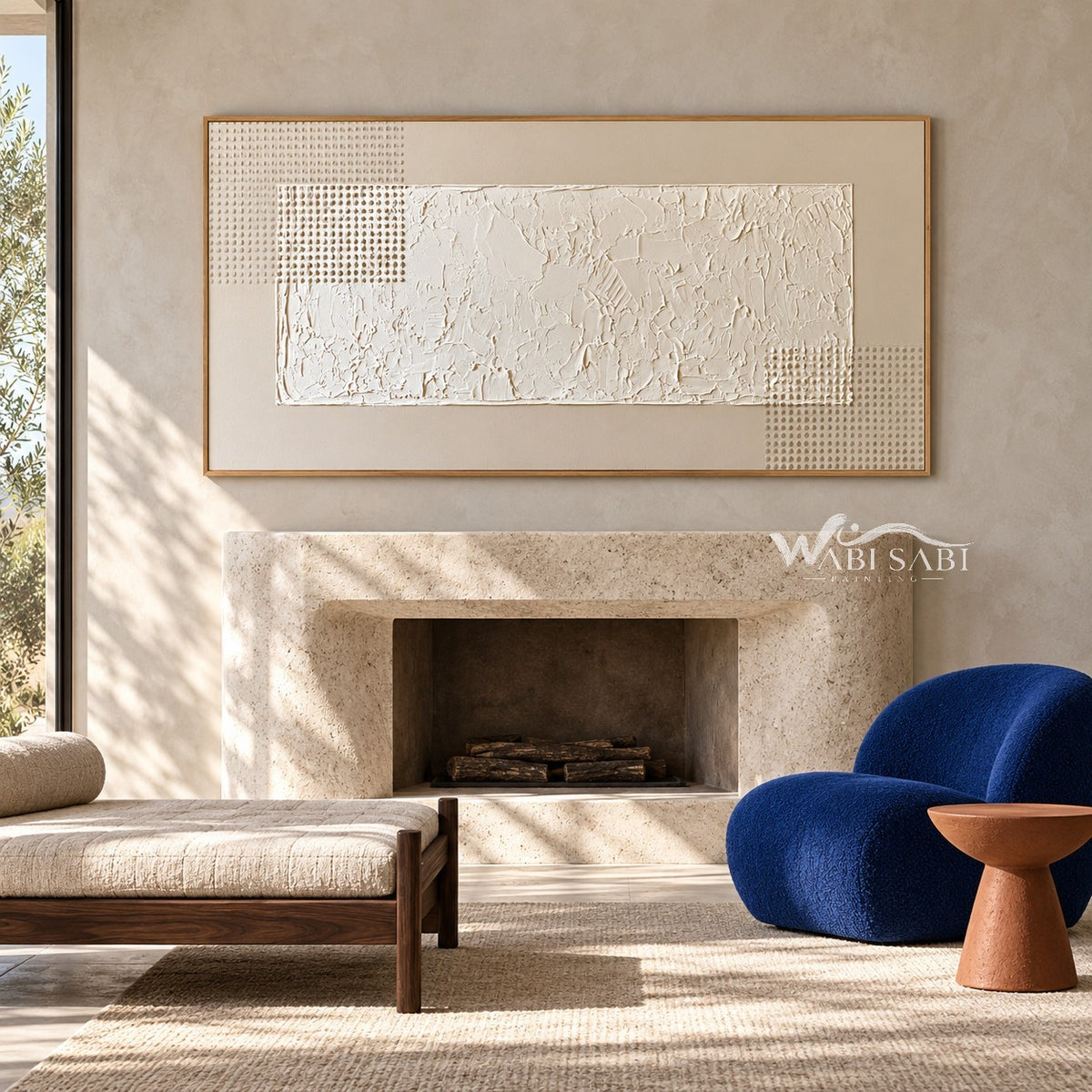 Offset White Texture and Corner Grids Wall Art shown above a fireplace.