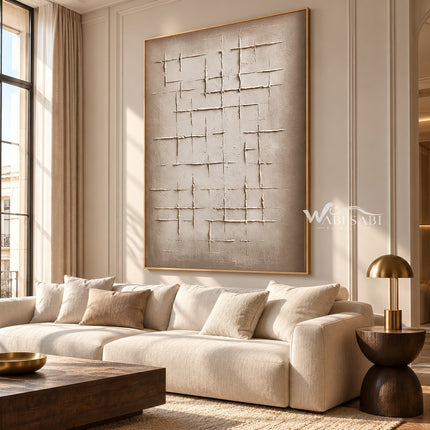 Open Crosshatch Textured Canvas shown above a sofa.