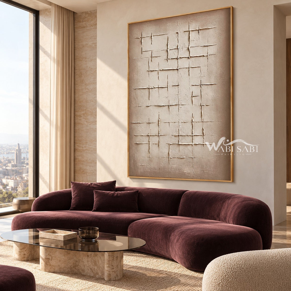 Open Crosshatch Textured Canvas shown above a sofa.