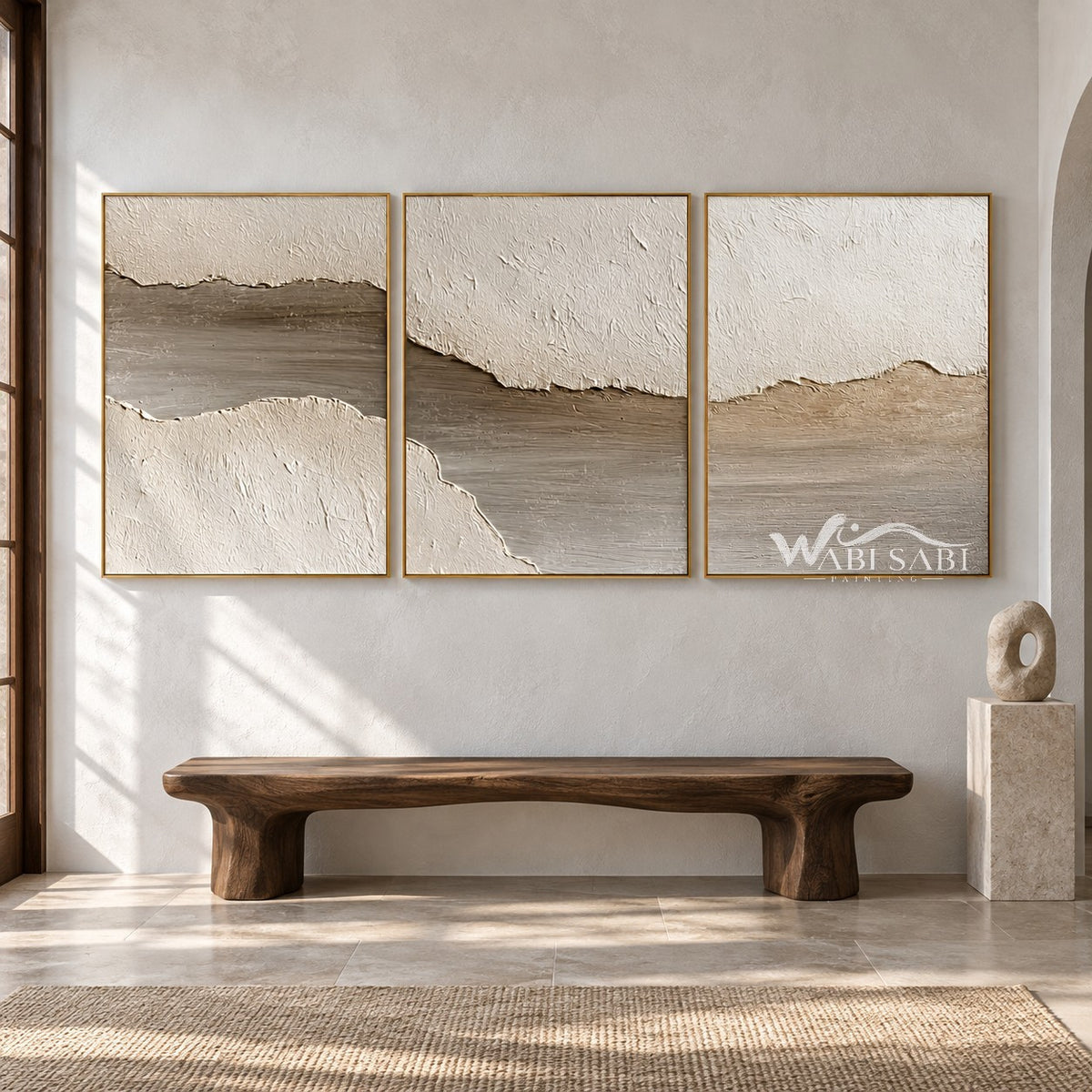 Pale Earth Passage 3-Piece Set shown above a bench.
