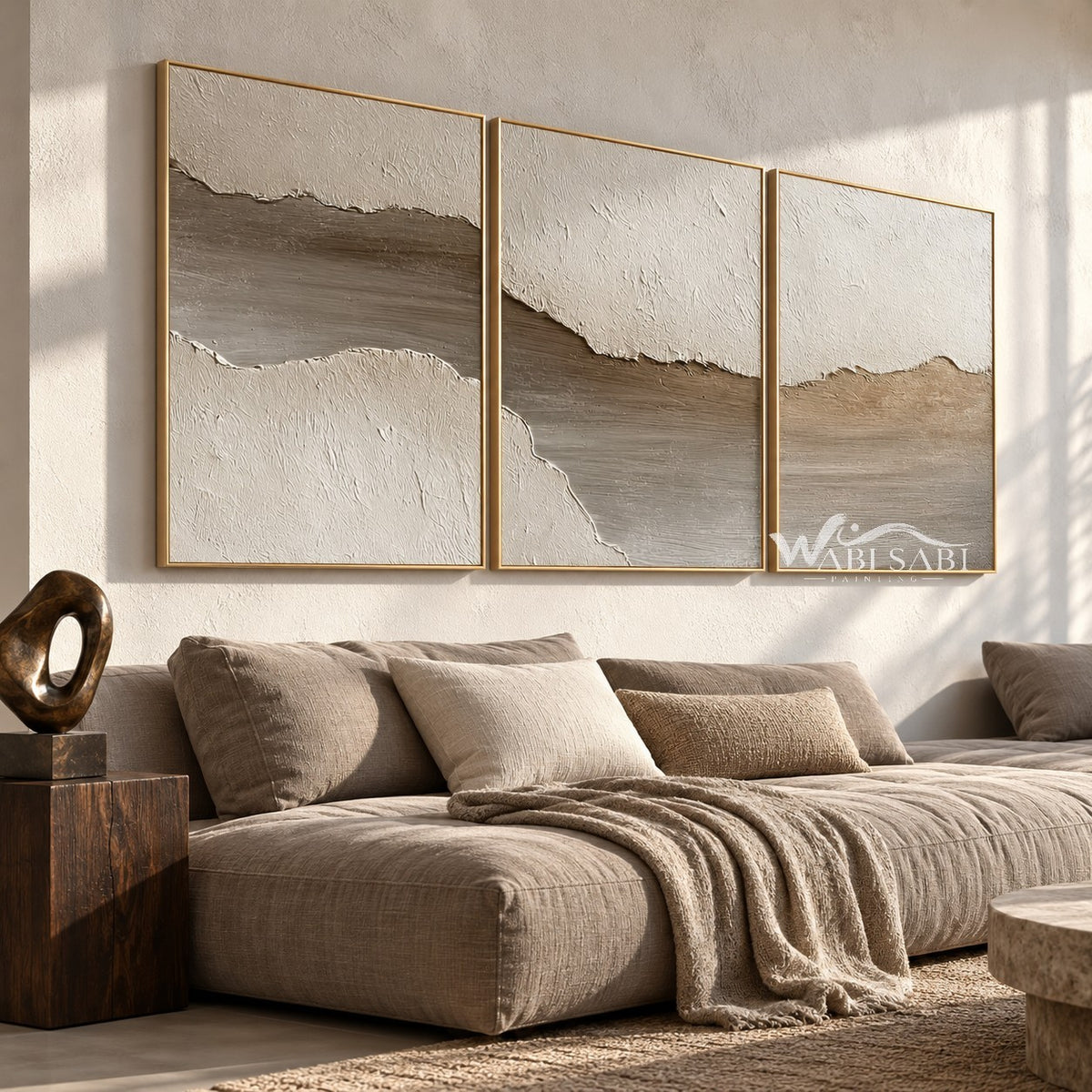 Pale Earth Passage 3-Piece Set shown above a sofa.