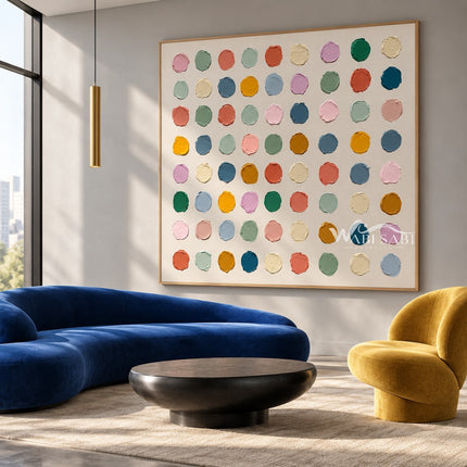 Pastel and Bright Dot Grid Painting shown in a living room with a sofa.