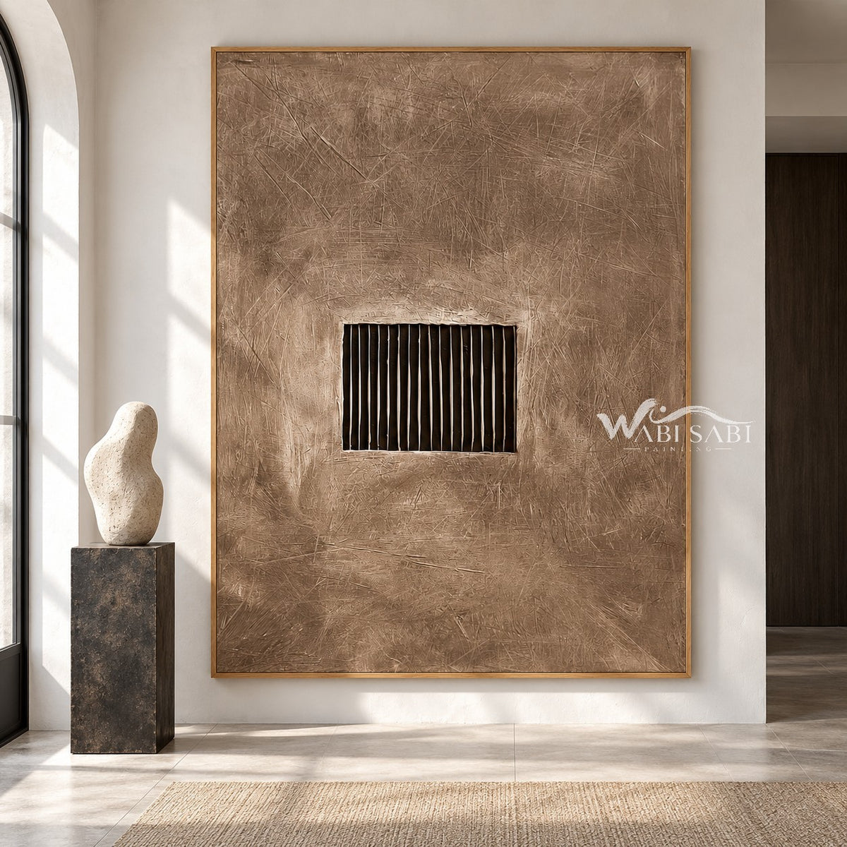Quiet Aperture Taupe Abstract Art shown in an open interior.