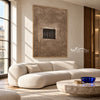 Quiet Aperture Taupe Abstract Art shown above a sofa.