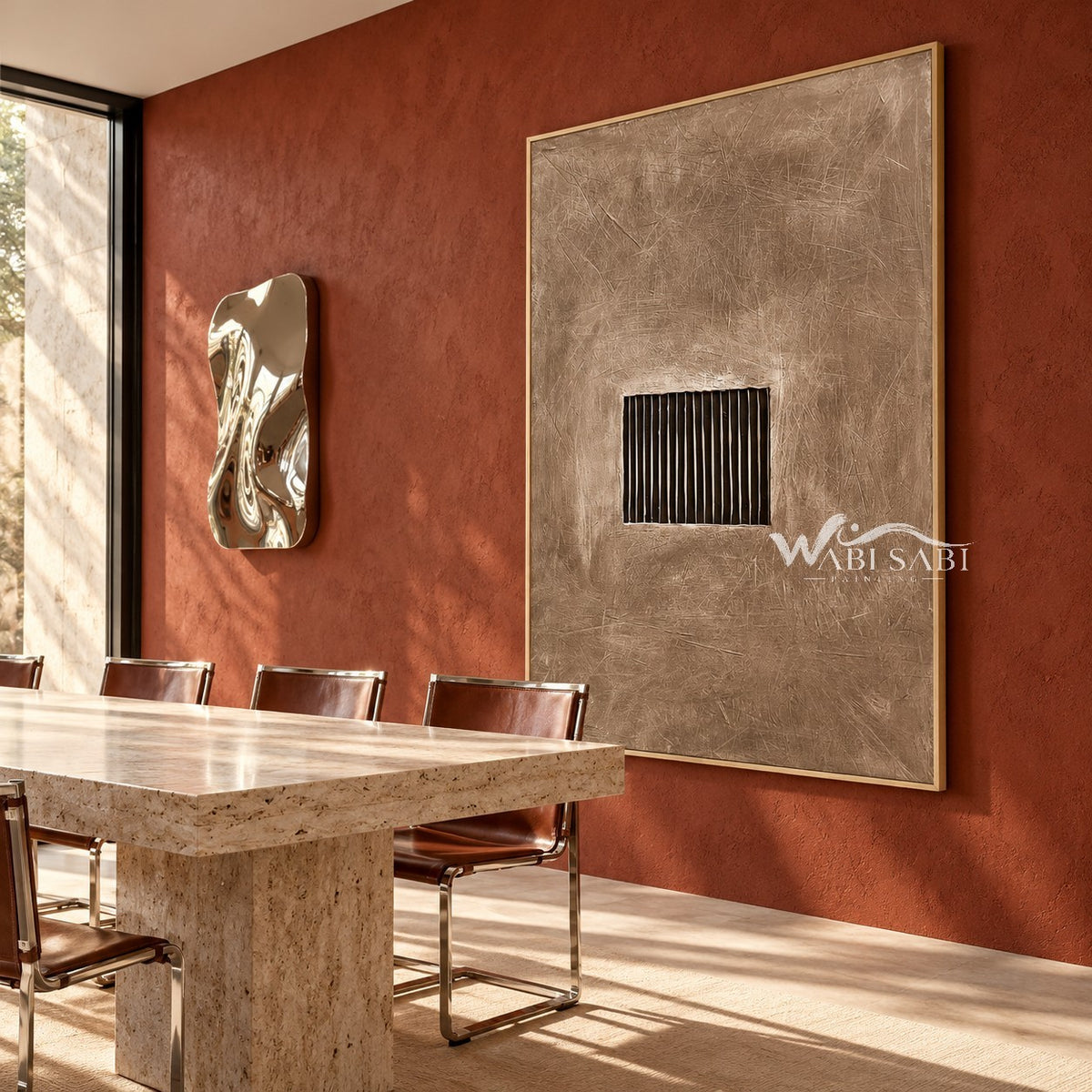 Quiet Aperture Taupe Abstract Art shown in a dining area.