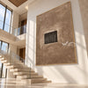 Quiet Aperture Taupe Abstract Art shown beside a staircase.
