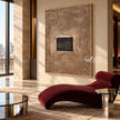 Quiet Aperture Taupe Abstract Art shown in a seating area.