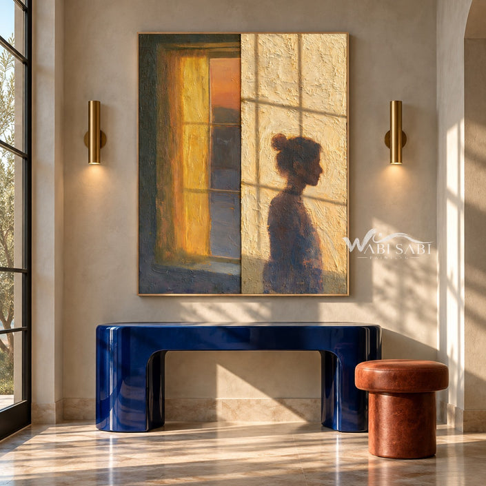 Quiet Figure beside an Amber Window Wall Art shown above a blue console.