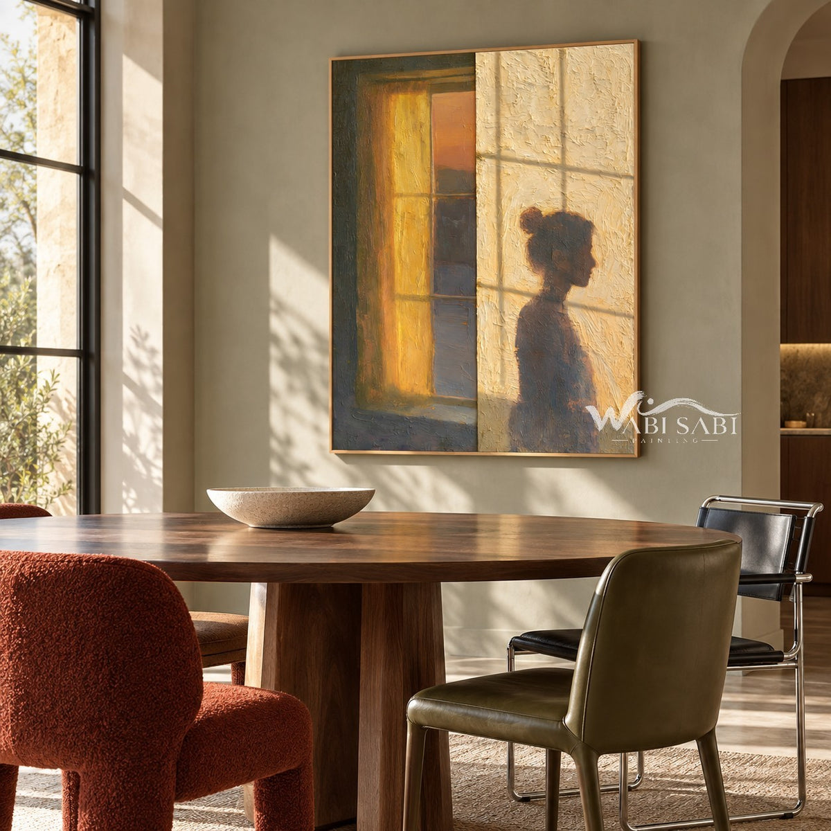 Quiet Figure beside an Amber Window Wall Art shown above a dining table.