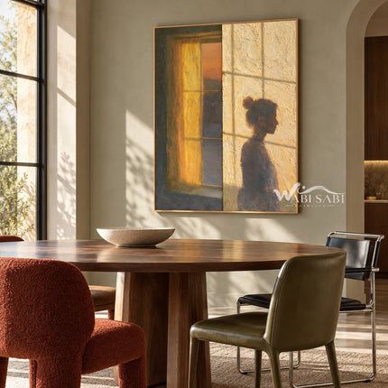 Quiet Figure beside an Amber Window Wall Art shown above a dining table.