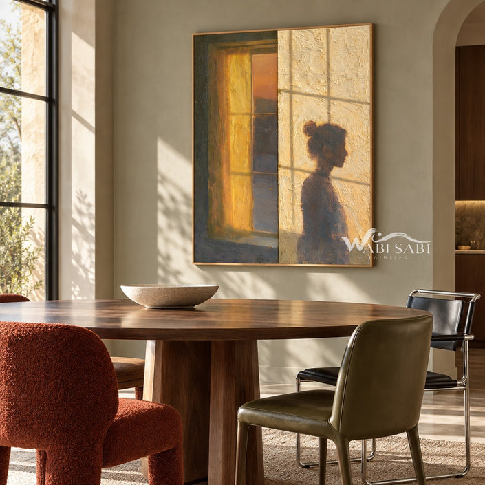 Quiet Figure beside an Amber Window Wall Art shown above a dining table.