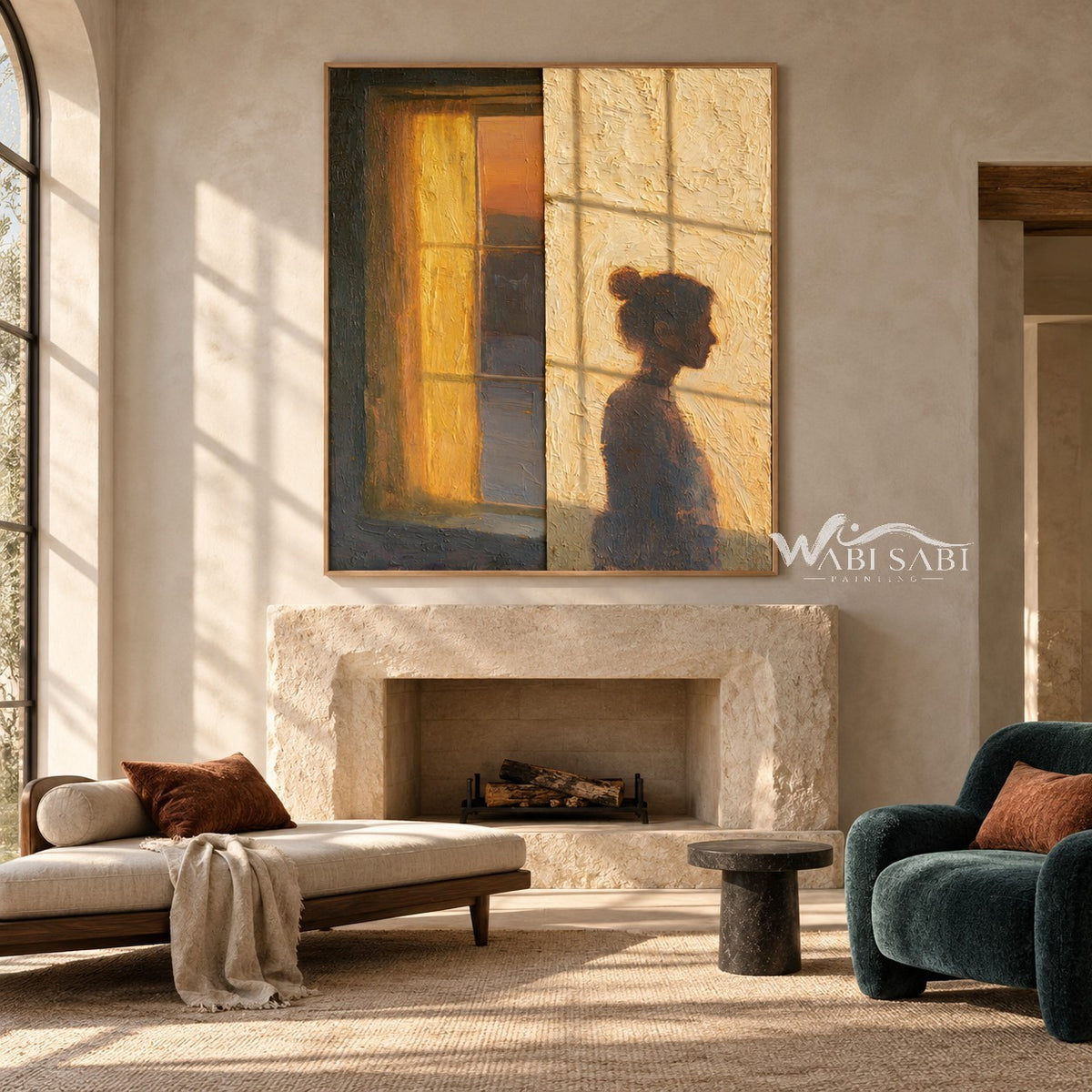 Quiet Figure beside an Amber Window Wall Art shown above a fireplace.