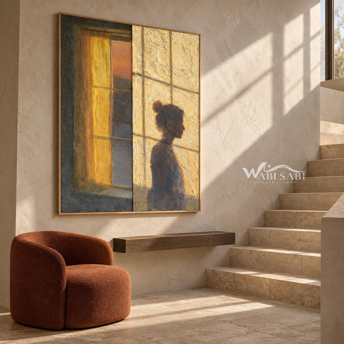Quiet Figure beside an Amber Window Wall Art shown above a bench beside a staircase.