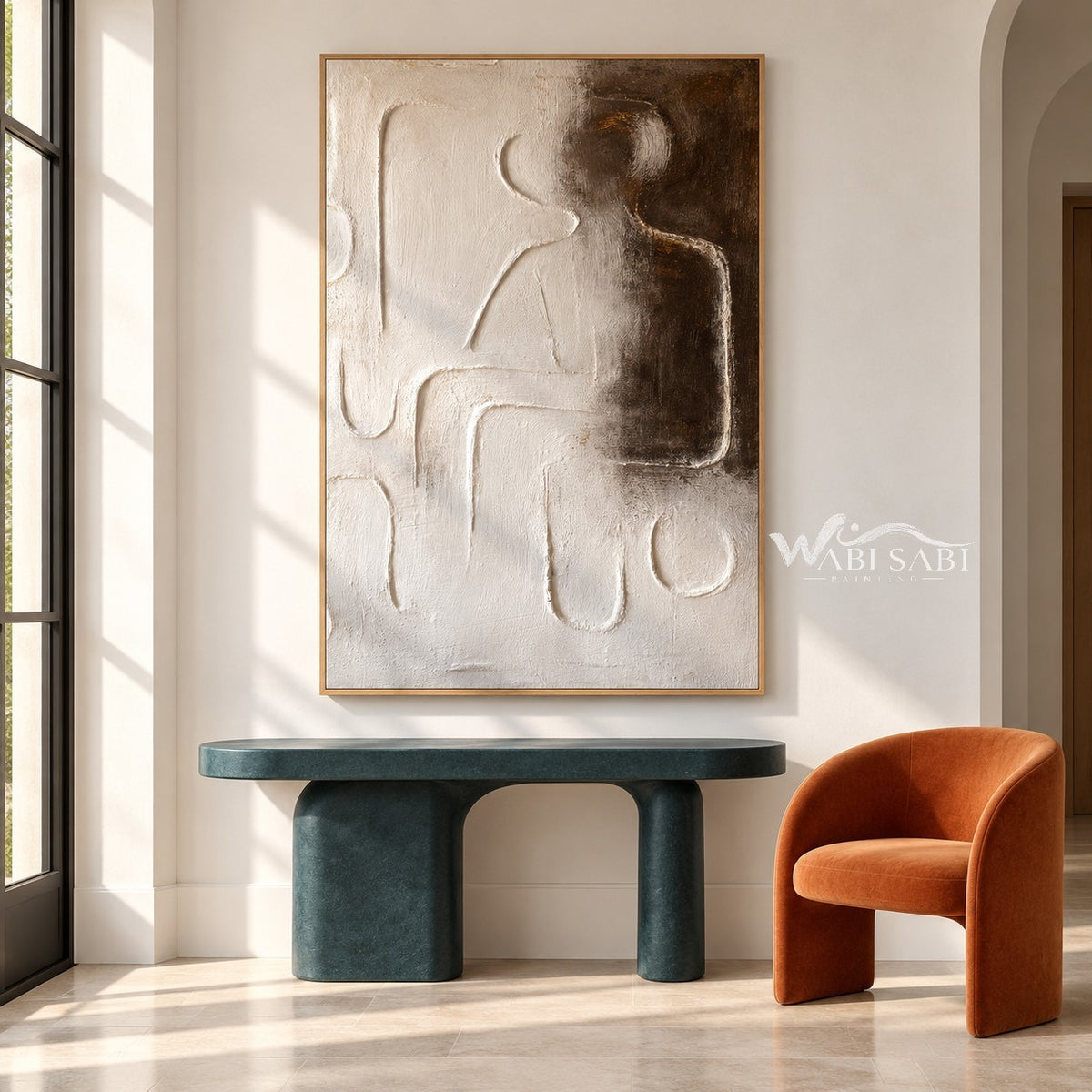 Raised Line Seated Figure Abstract Painting shown above a console.