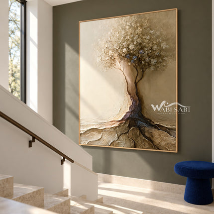 Rooted in Ivory Tree Painting shown beside a staircase.