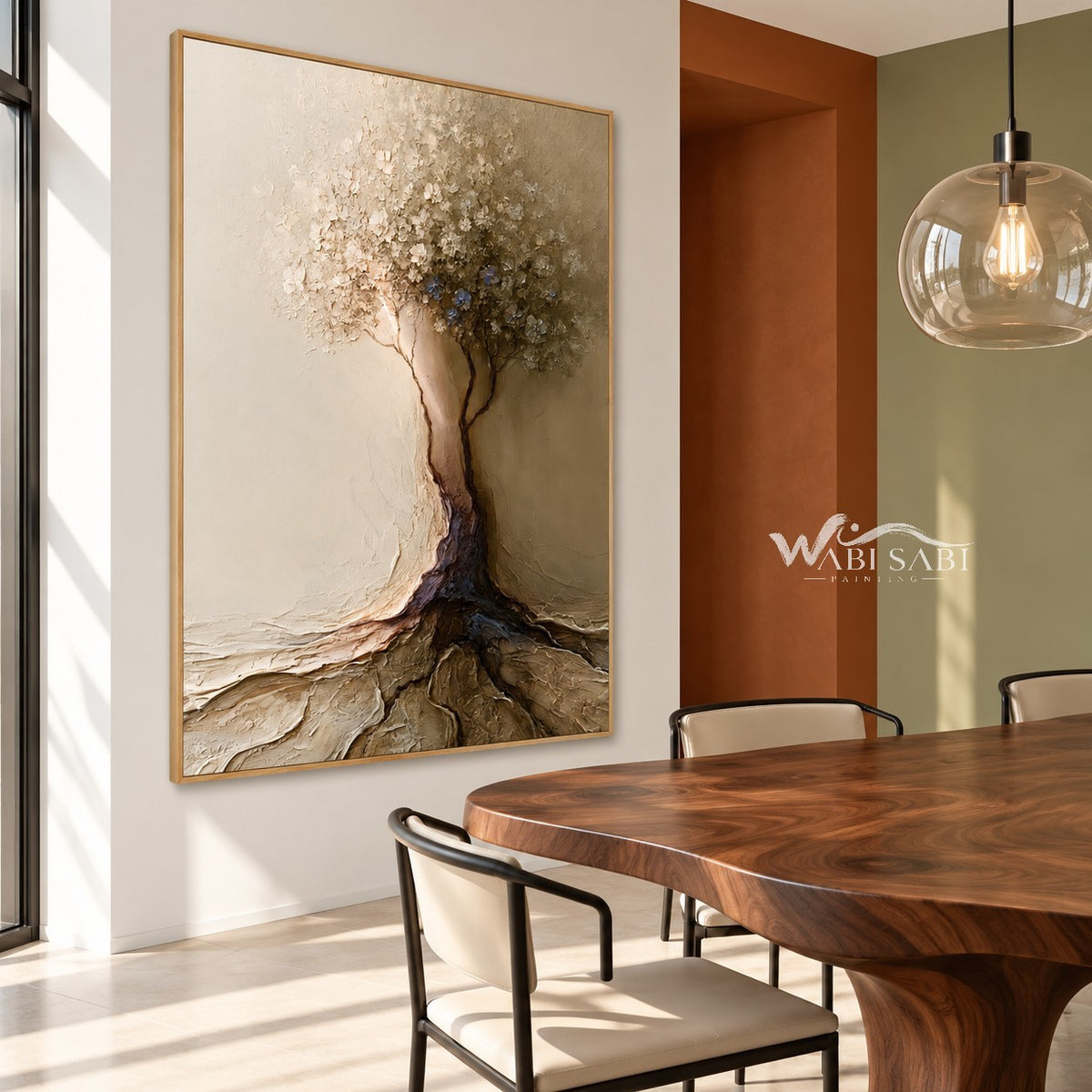 Rooted in Ivory Tree Painting shown in a dining area.