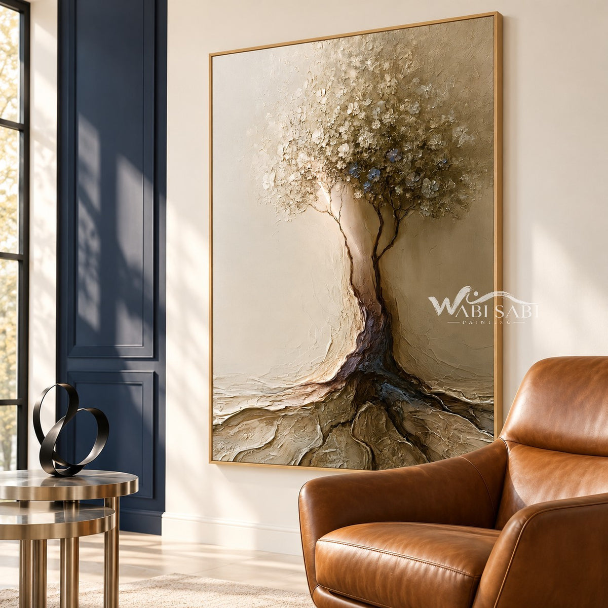 Rooted in Ivory Tree Painting shown in a seating area.