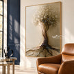 Rooted in Ivory Tree Painting shown in a seating area.