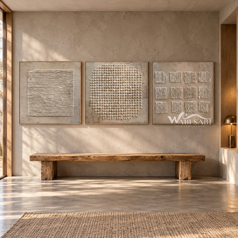 Rounded Dot Field 3-Piece Abstract Set shown above a bench.