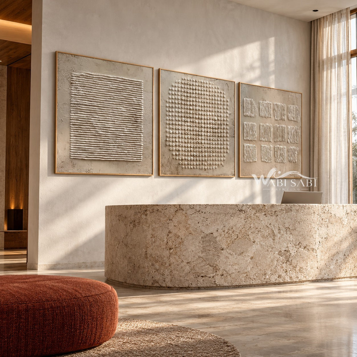 Rounded Dot Field 3-Piece Abstract Set shown above a console.