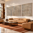 Rounded Dot Field 3-Piece Abstract Set shown above a sofa.