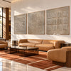 Rounded Dot Field 3-Piece Abstract Set shown above a sofa.