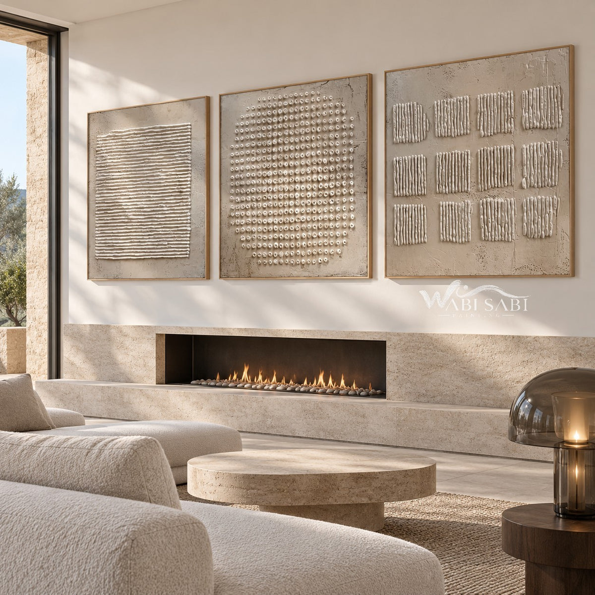 Rounded Dot Field 3-Piece Abstract Set shown near a fireplace.