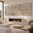 Rounded Dot Field 3-Piece Abstract Set shown near a fireplace.