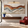 Rust and Blue Gray Strata Panorama Painting shown above a console.