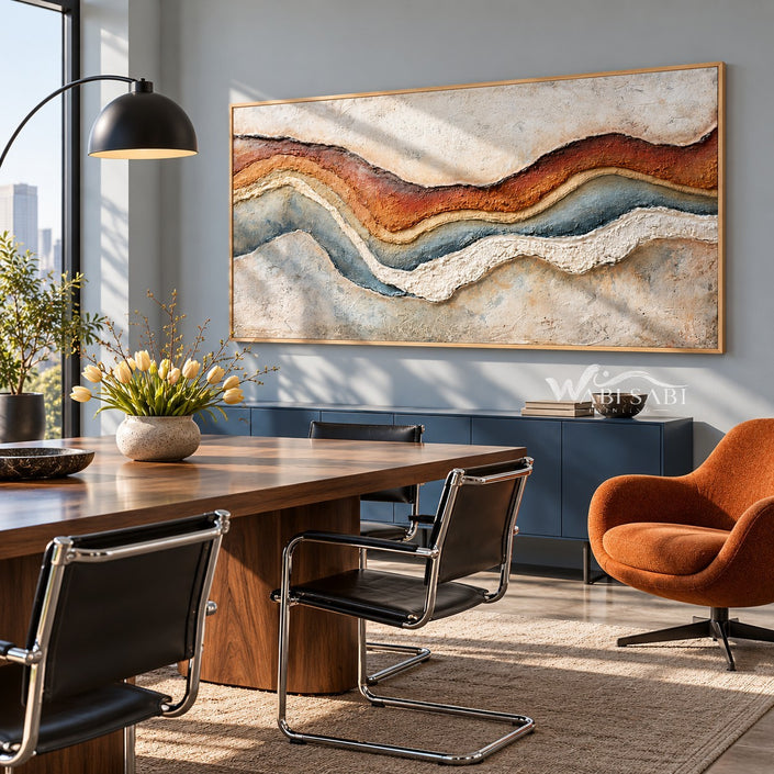 Rust and Blue Gray Strata Panorama Painting shown in a dining area.