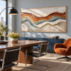 Rust and Blue Gray Strata Panorama Painting shown in a dining area.