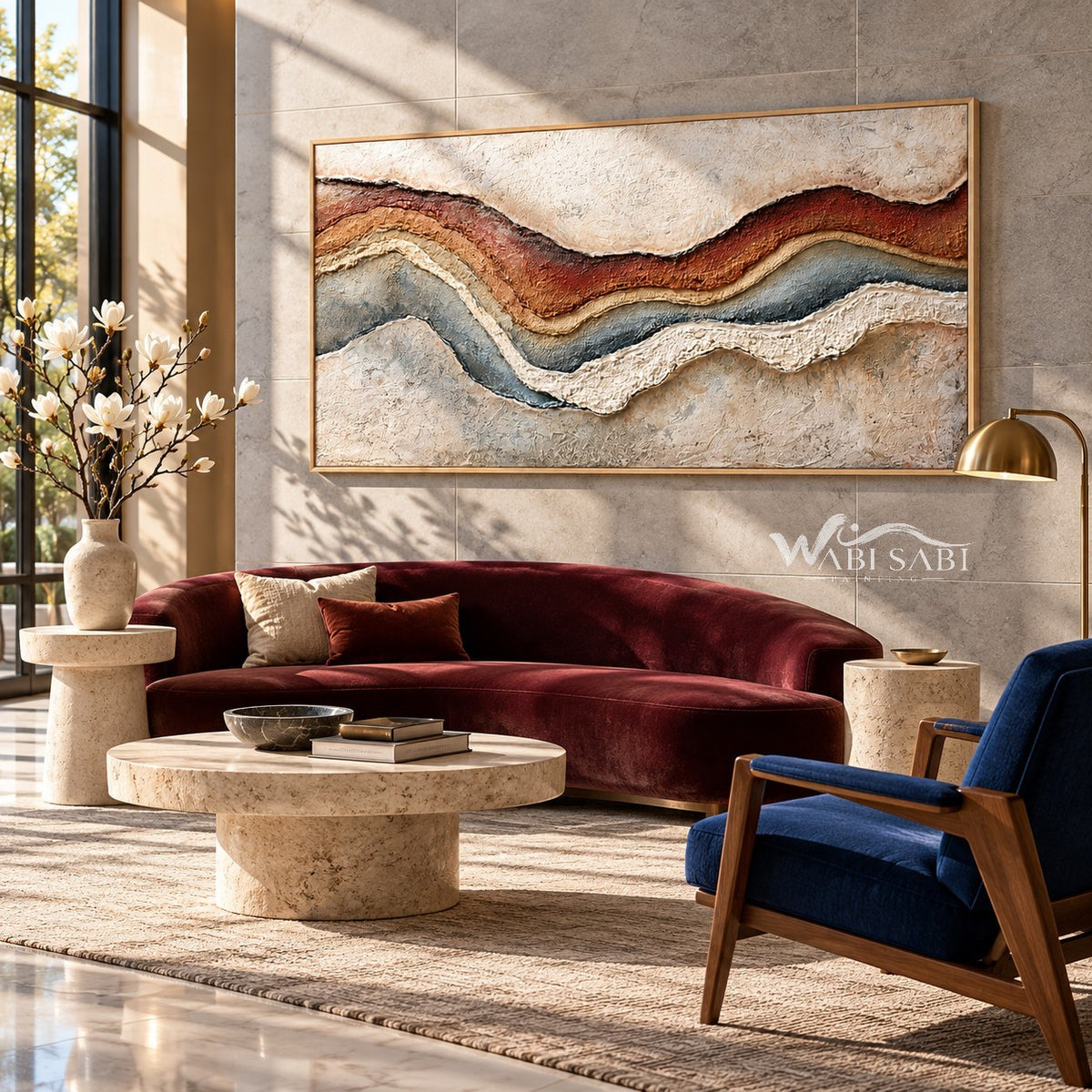 Rust and Blue Gray Strata Panorama Painting shown in a living room with a sofa.